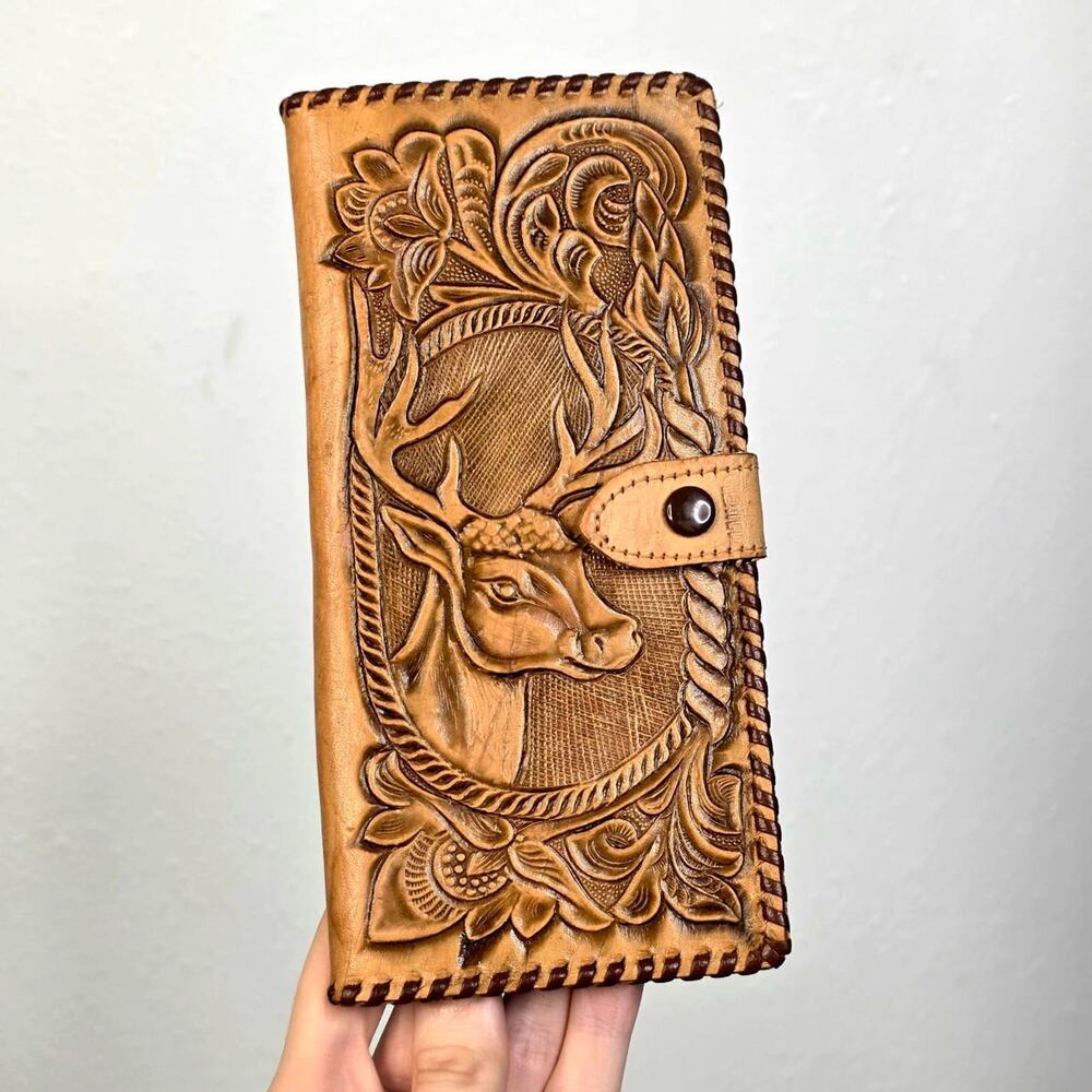 Vintage Hand Tooled Leather Western Wallet Film & Prop 1960s 1970s Deer